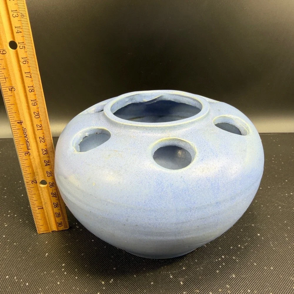 Antique Pale Blue Pottery Large Flower Frog 6-Hole Round Pottery Vase Vessel VTG